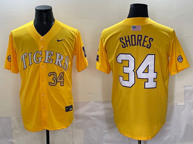 Men 2025 LSU Tigers #34 Shores Yellow Nike Joint Name Nike NCAA Jersey style 3->ncaa teams->NCAA Jersey